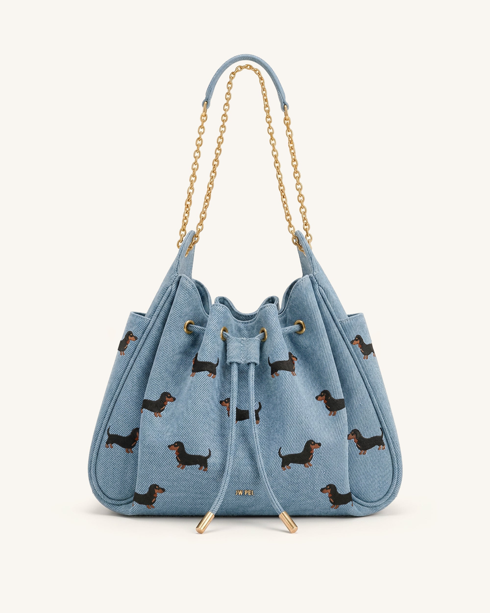 Rowan Ruched Drawstring Chain Bucket Bag - Sea Blue Denim