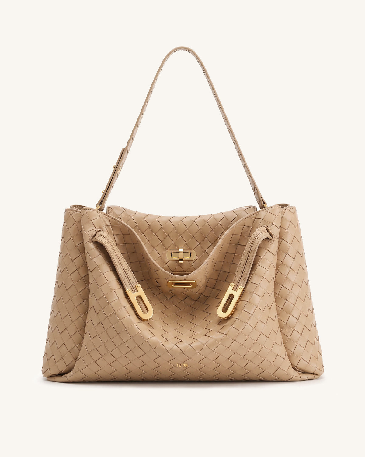 Rhea Large Woven Textured Shoulder Bag - Light Apricot