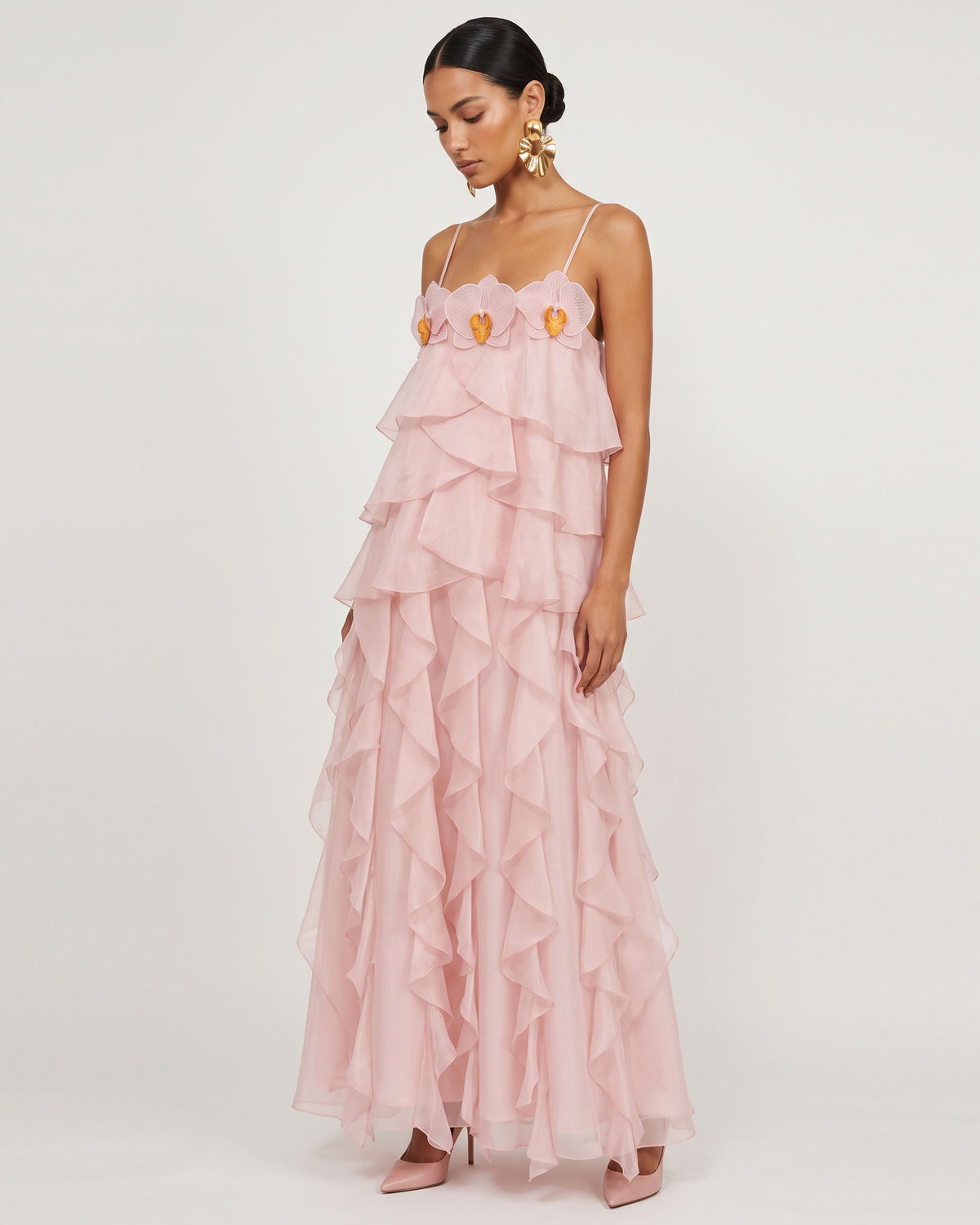 Floral Trim Layered Ruffle Spaghetti Strap Maxi Dress - Blush Pink