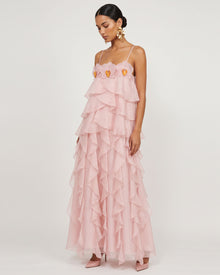 Floral Trim Layered Ruffle Spaghetti Strap Maxi Dress - Blush Pink