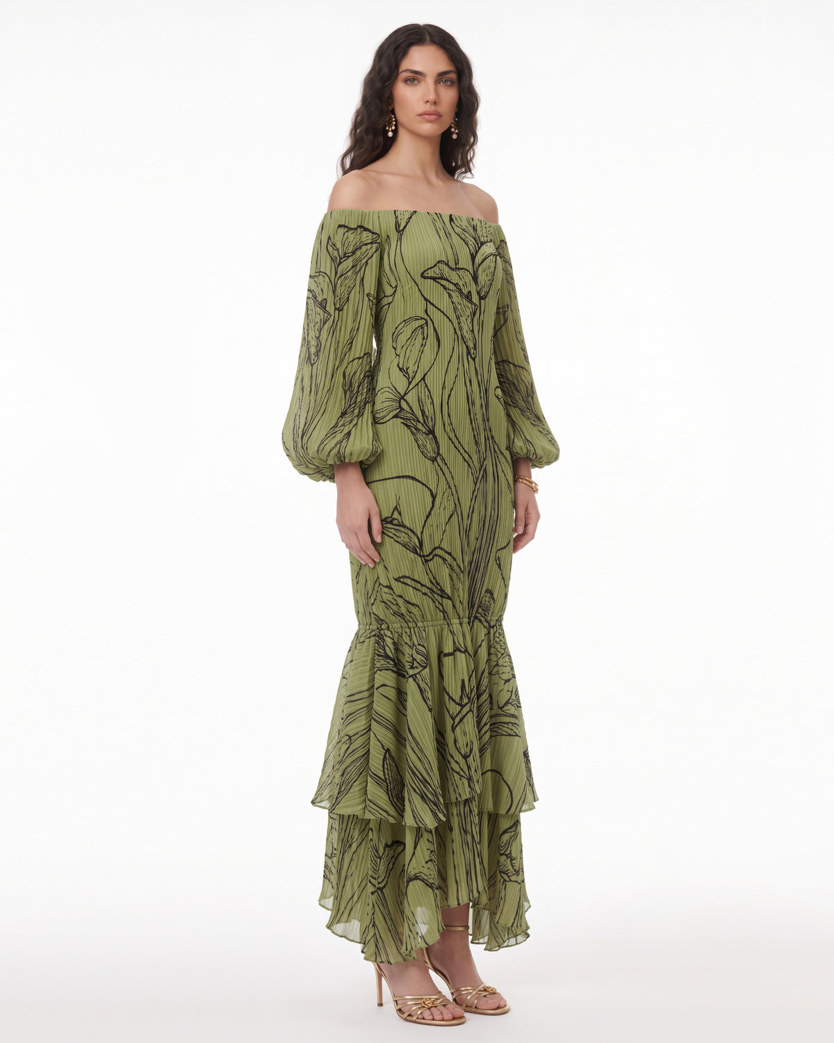 Floral Print Off-Shoulder Tiered Maxi Dress - Olive Green