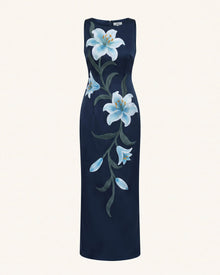 Lily Floral Print Sleeveless Column Maxi Dress - Dark Blue