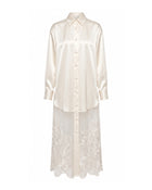 Satin Phalaenopsis Orchid Embroidery Long Shirt Dress - Ivory White