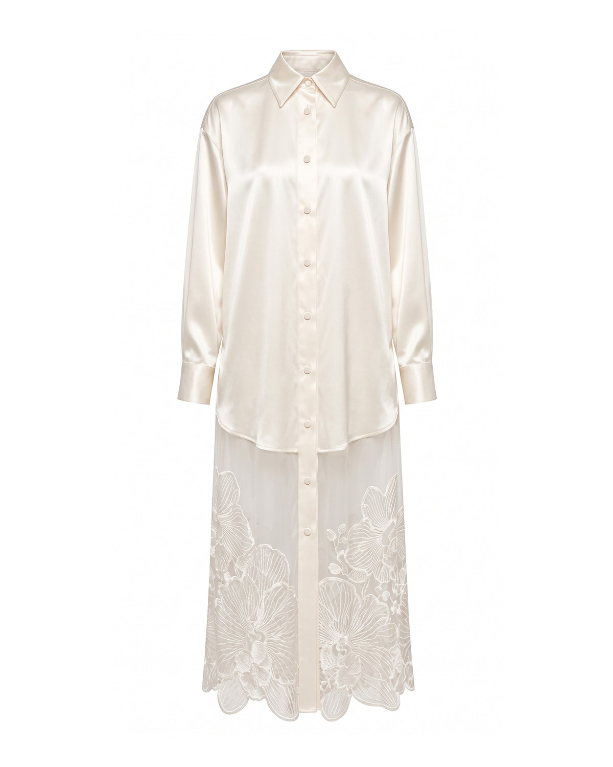 Satin Phalaenopsis Orchid Embroidery Long Shirt Dress - Ivory White