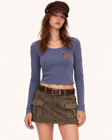 Dachshund Scoop Neck Curved Cropped Tee - Smokey Slate