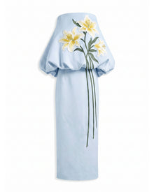 Lily Embroidered Draped Strapless Maxi Dress - Light Blue