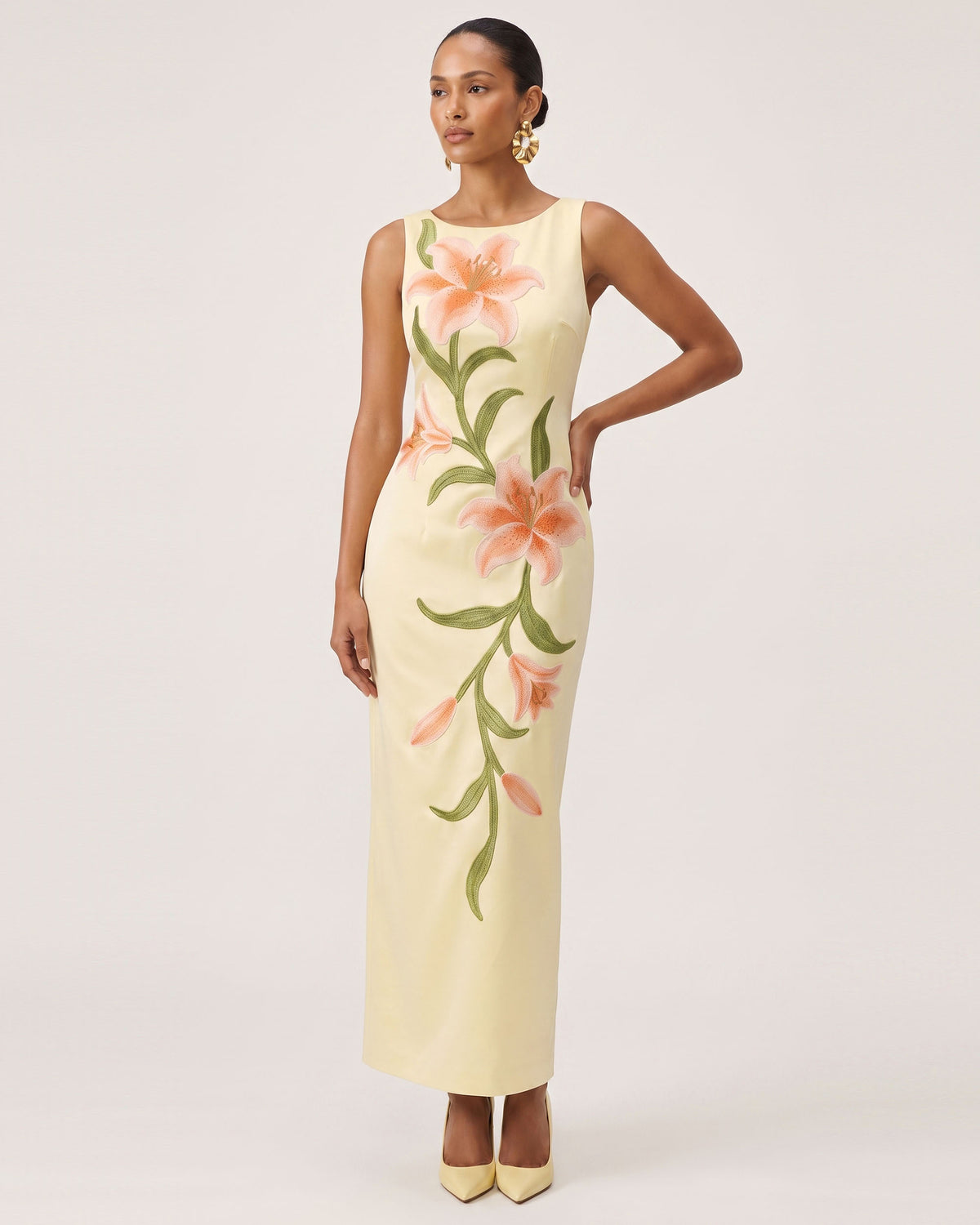 Lily Floral Print Sleeveless Column Maxi Dress - Light Yellow