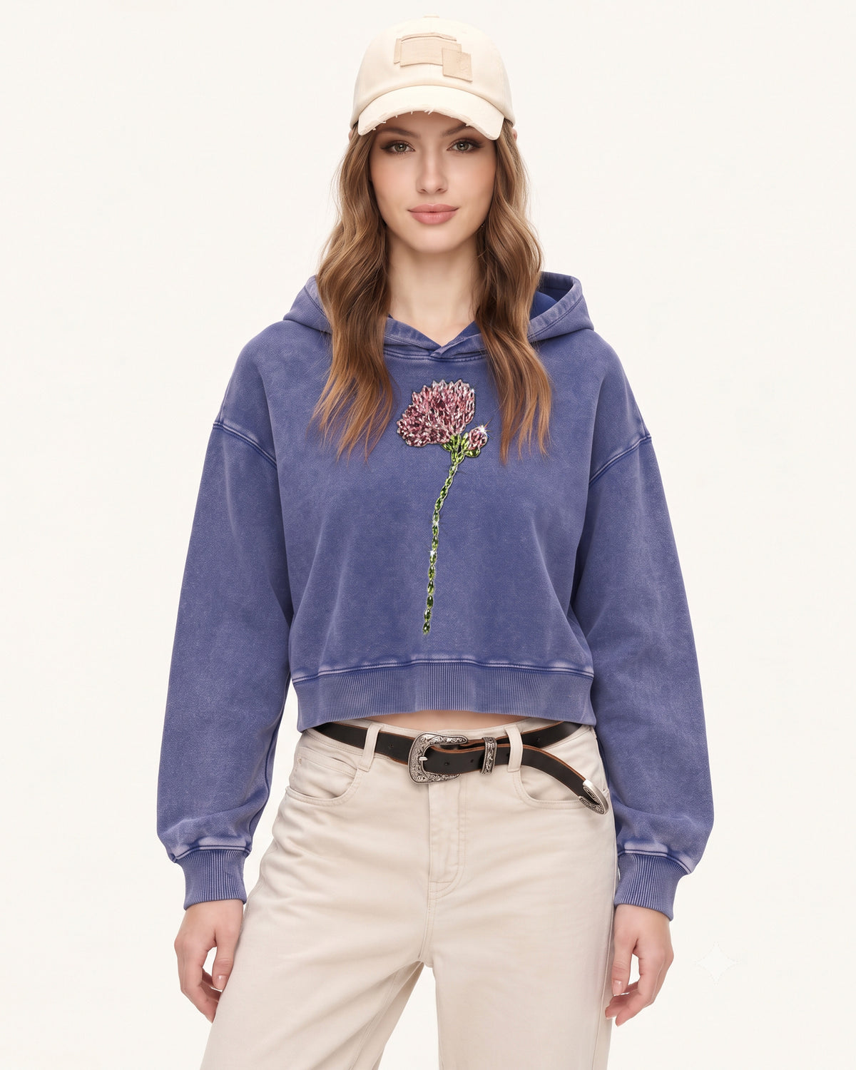 Rhinestone Rose Acid Washed Pullover Hoodie - Acid Purple