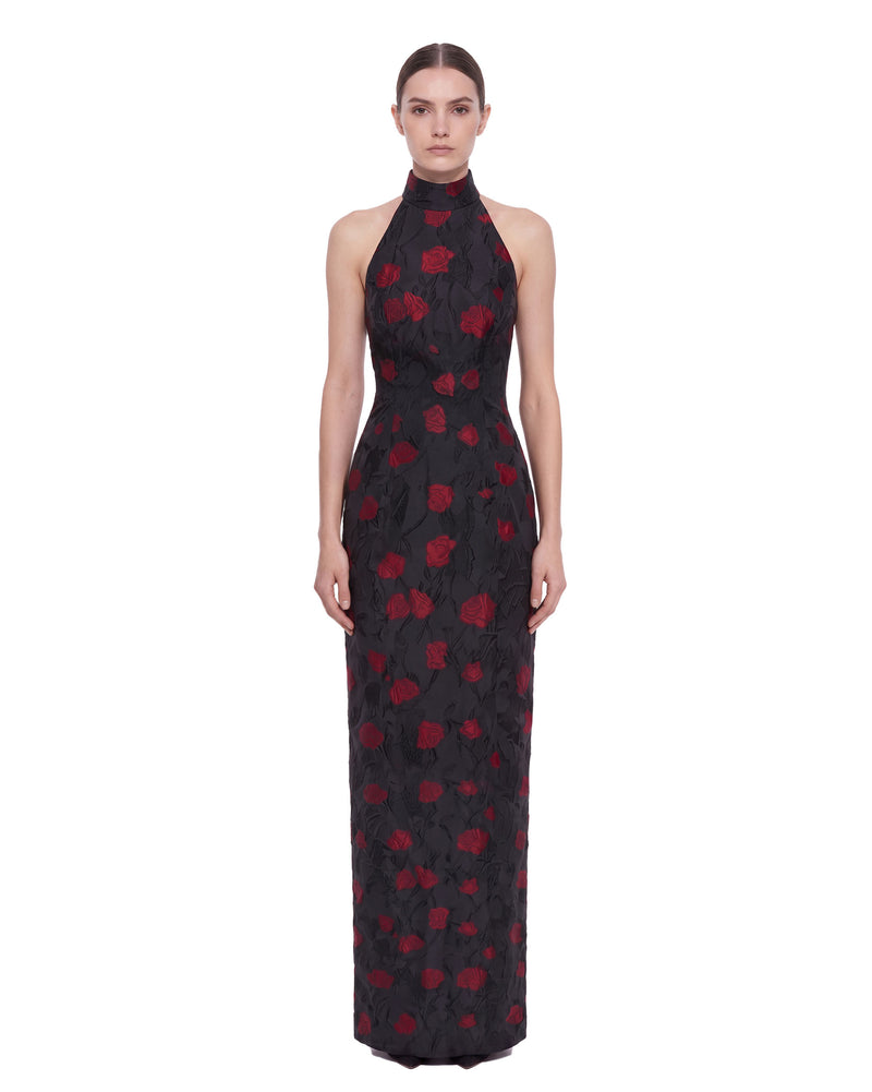 Floral Jacquard Halter Open-Back Maxi Dress - Black & Red