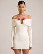 3D Embroidered Tulip Off-The-Shoulder Long-Sleeve Mini Dress - White