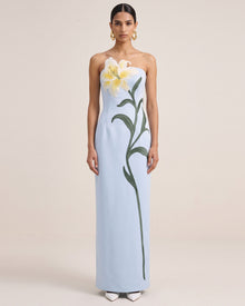 Lily Embroidered Strapless Satin Maxi Dress - Light Blue