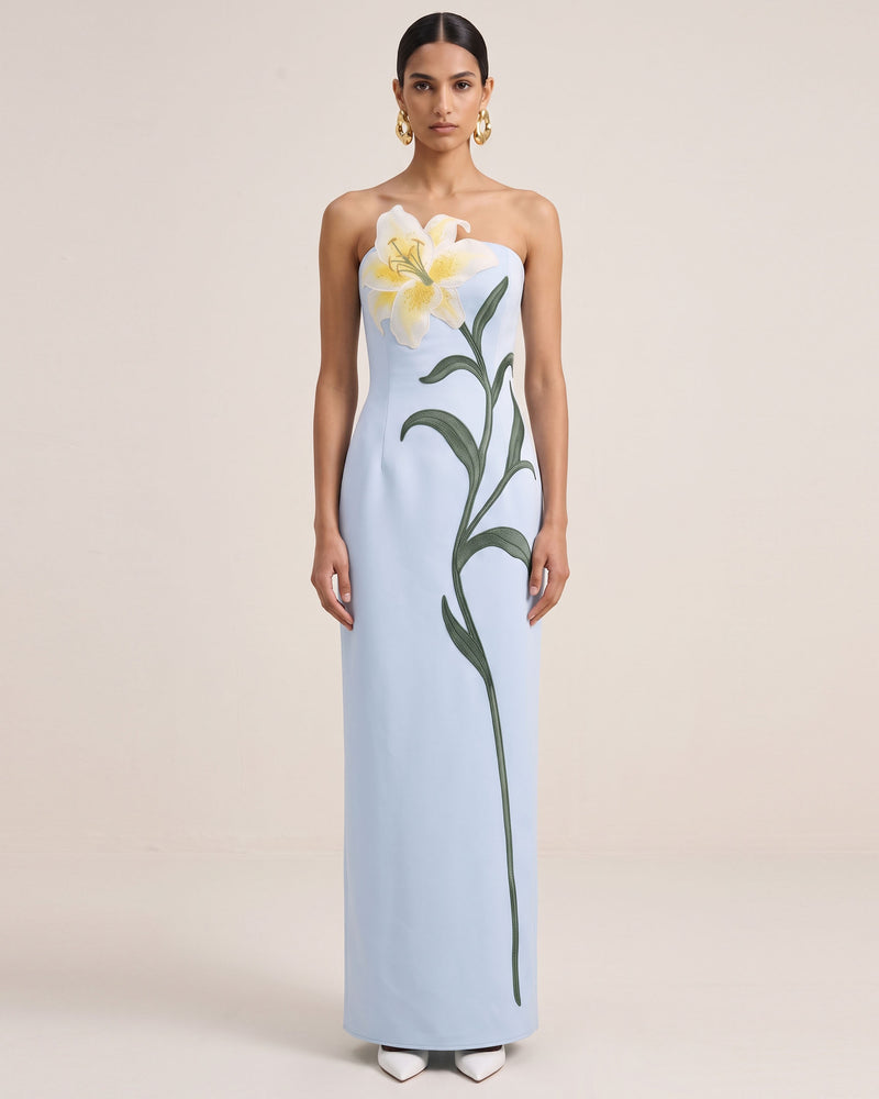 Lily Embroidered Strapless Satin Maxi Dress - Light Blue