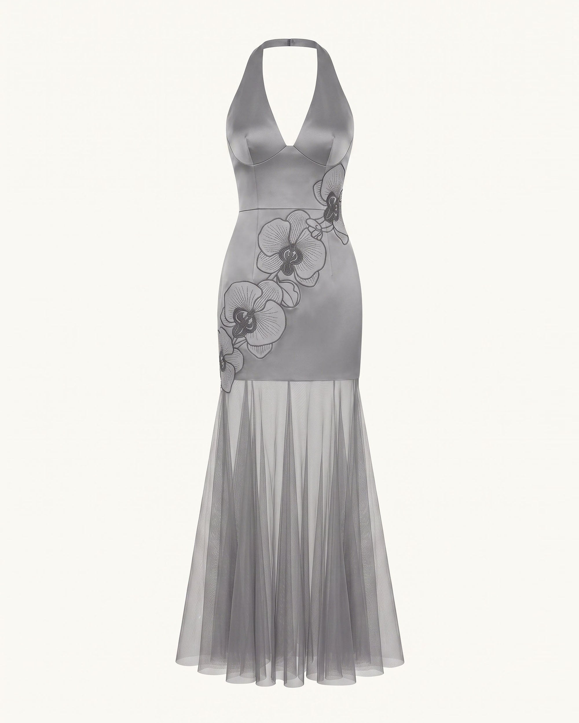 Orchid Embroidered Sheer Hem Halter Maxi Dress - Grey