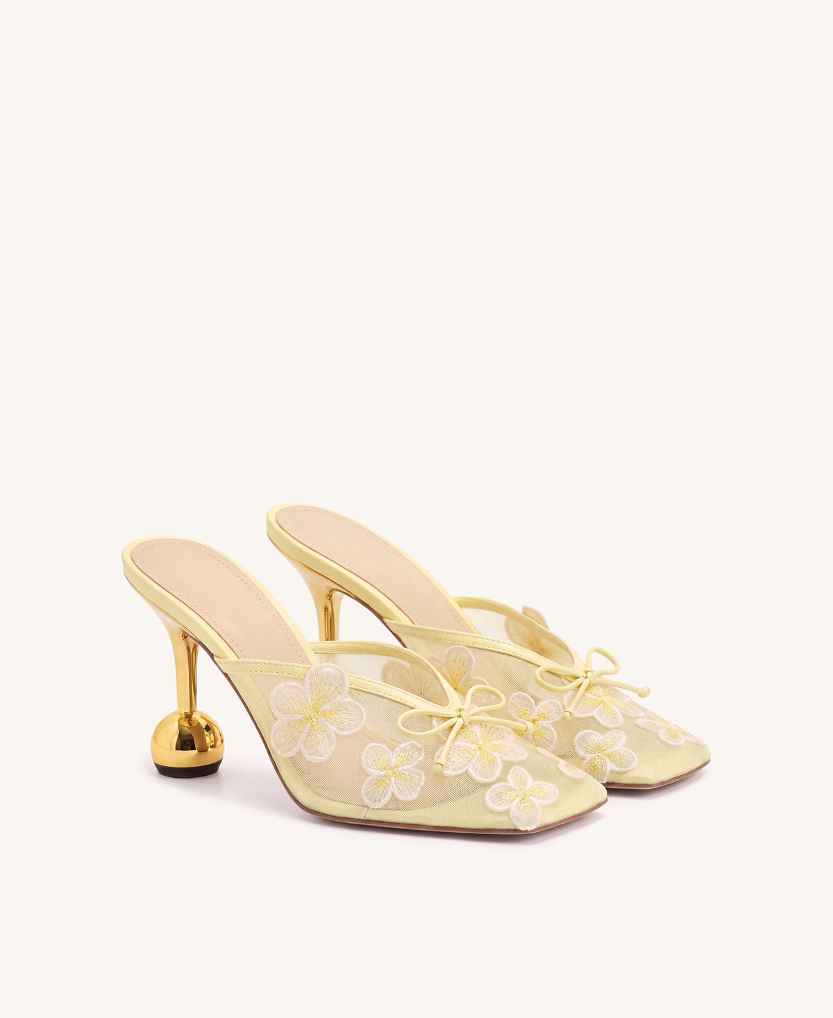 Mireille Floral Embroidered Bow Mesh Mules - Yellow