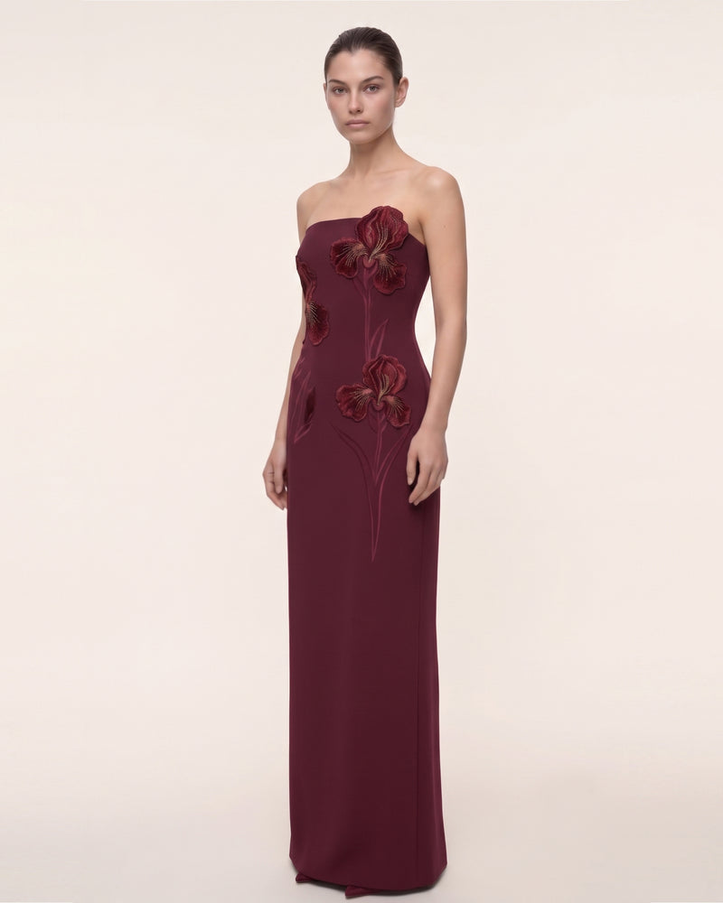 Iris Embroidered Strapless Maxi Dress - Burgundy