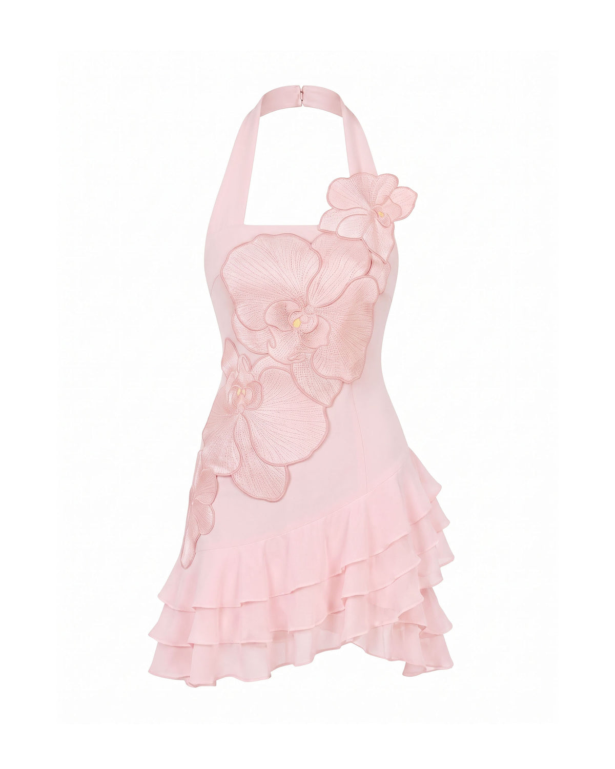 Orchid Embroidered Halter Ruffle Mini Dress - Pink