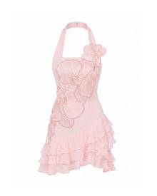 Orchid Embroidered Halter Ruffle Mini Dress - Pink
