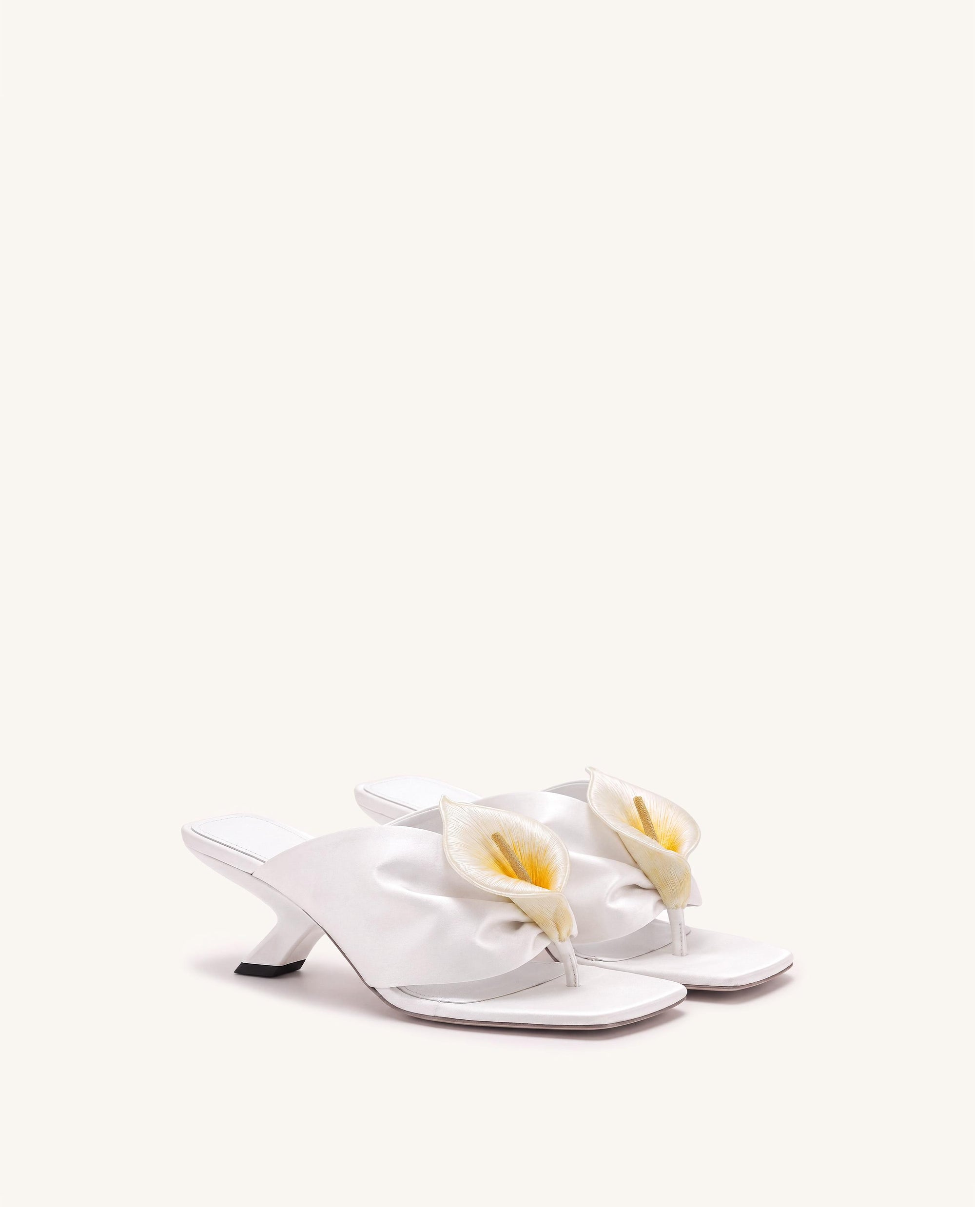 Bianca Calla Lily Ruched Toe-Post Heeled Sandals - White