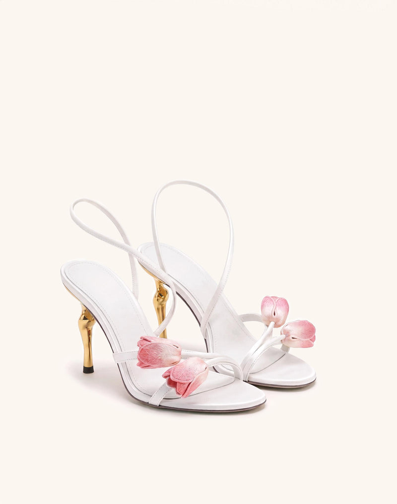 Amara Tulip Embroidered Wraparound Heels - White