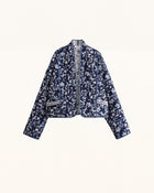 Floral Print Polyester Jacket - Navy Blue