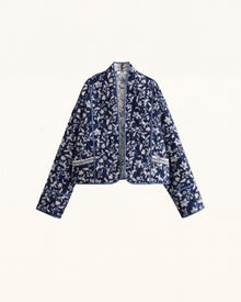 Floral Print Polyester Jacket - Navy Blue