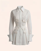 Orchid-Embellished High-Neck Button-Front Mini Shirt Dress - White