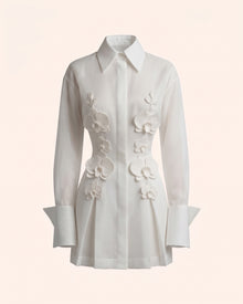 Orchid-Embellished High-Neck Button-Front Mini Shirt Dress - White