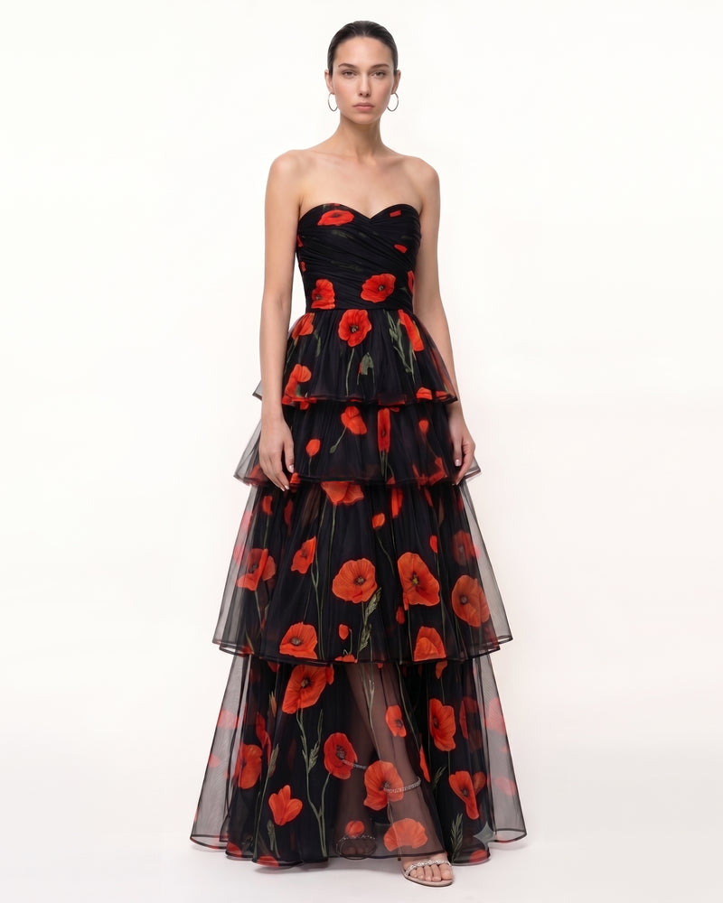 Printed Corn Poppy Tiered Tulle Strapless Maxi Dress - Black
