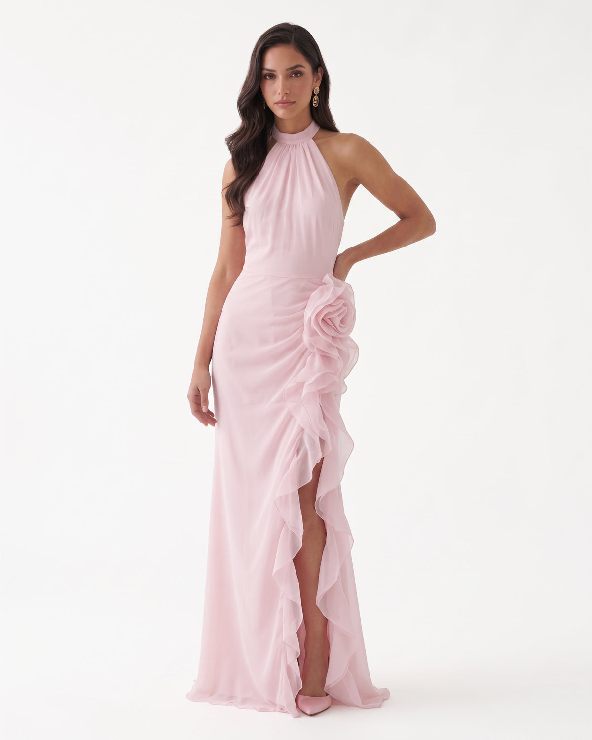 Halter Ruffle Rosette Slit Maxi Dress - Light Pink
