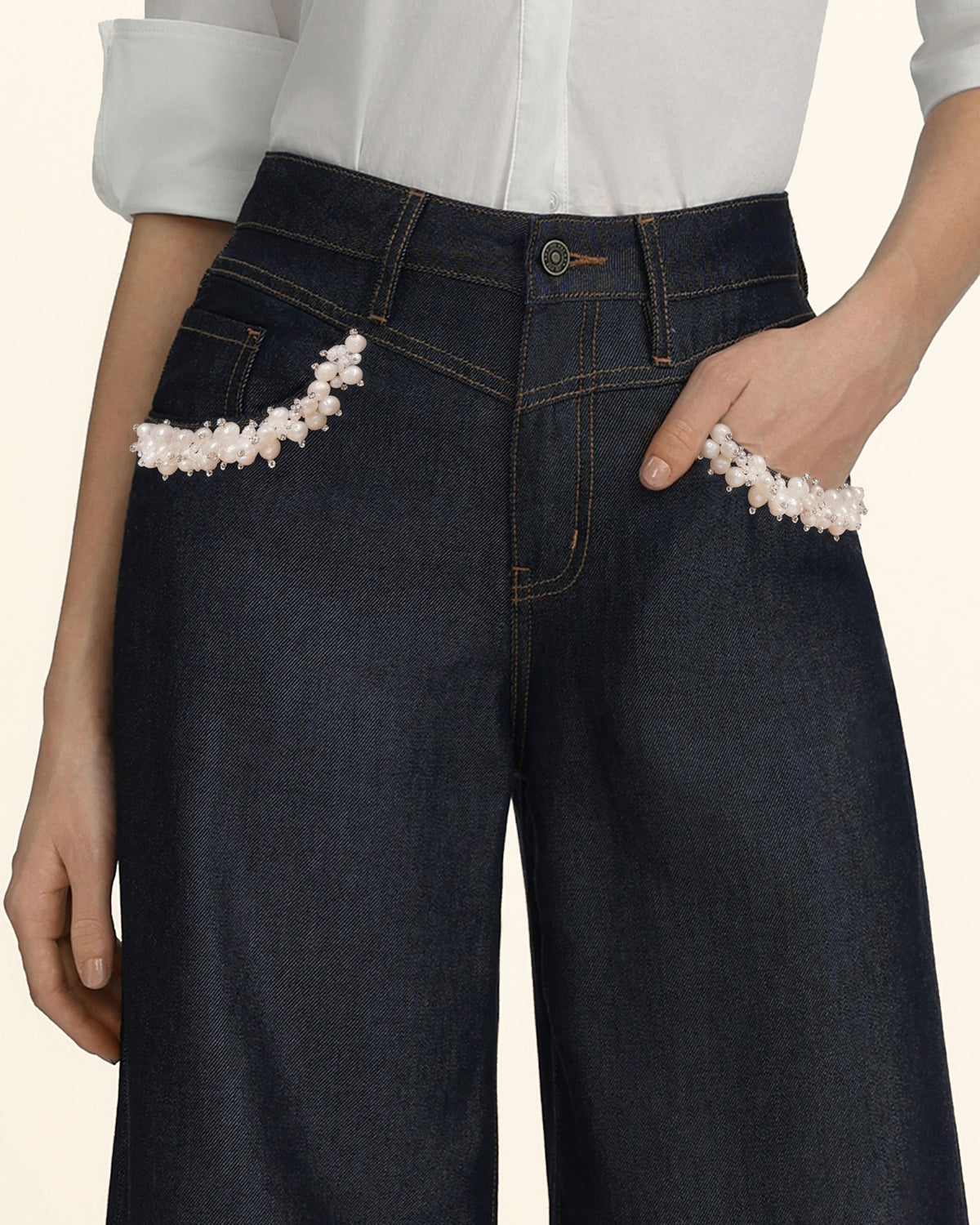Pearl Trim Pocket Wide Leg Jeans - Deep Thoughts Only