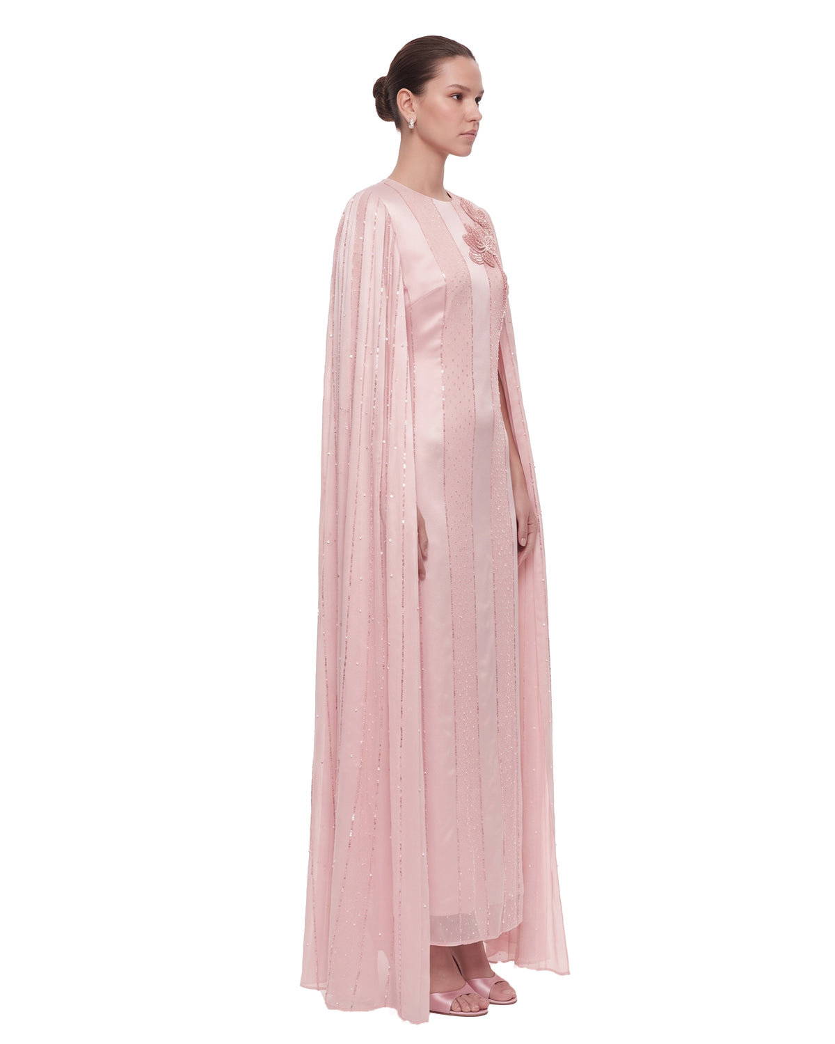 Floral Embellished Cape-Sleeve Maxi Dress - Blush
