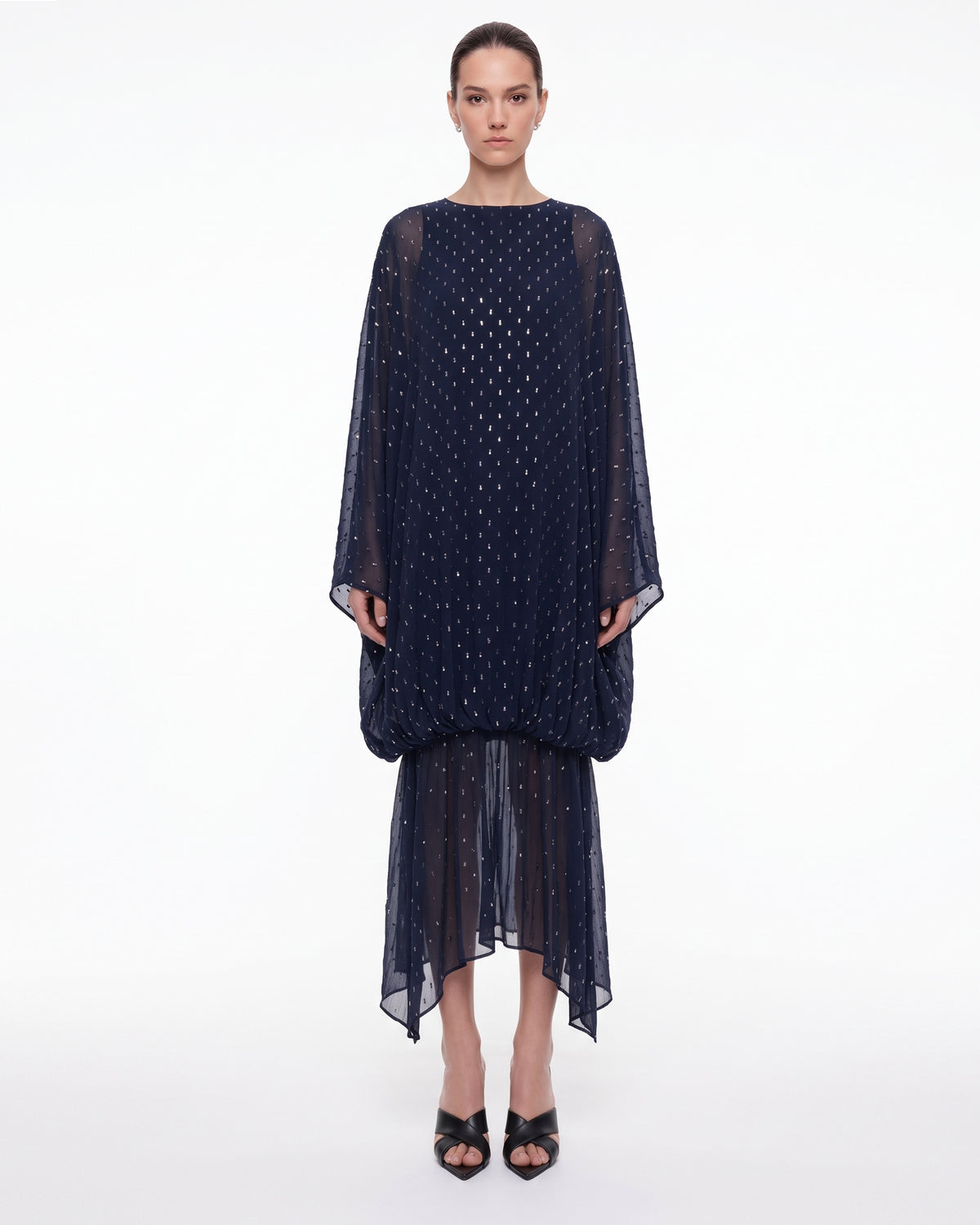 Embellished Sheer Balloon-Hem Maxi Dress - Navy