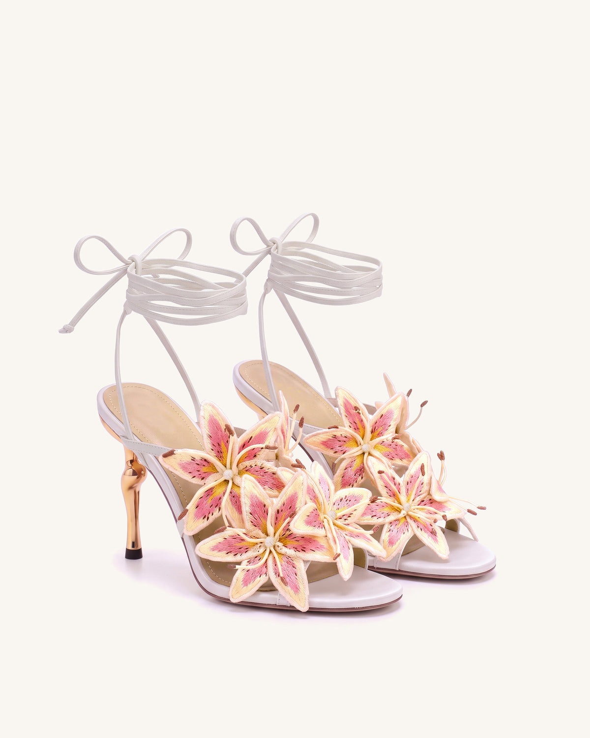 Isadora Lily Floral Lace-Up Stiletto Sandals - White