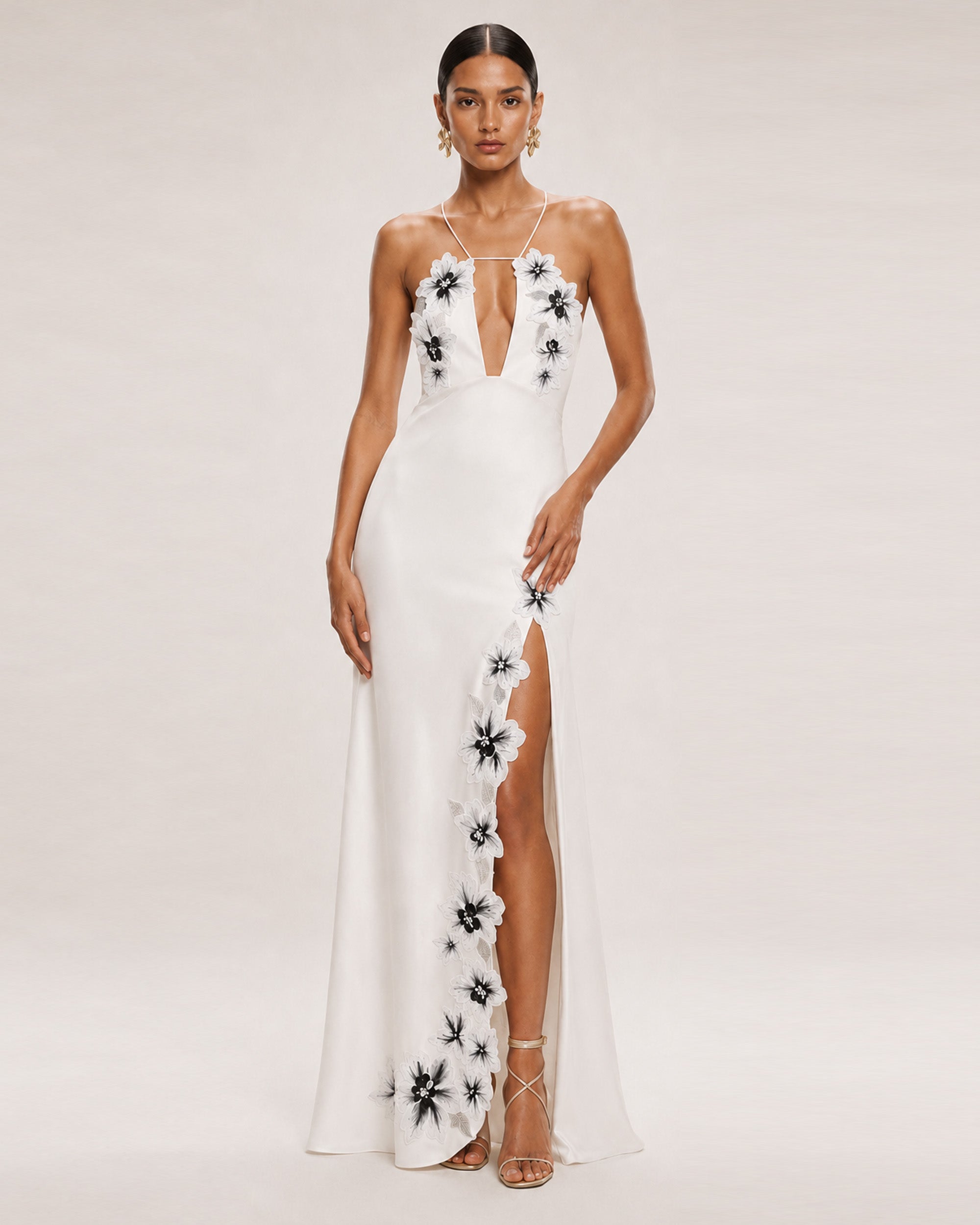 Flower Embroidered Cutout Halter Maxi Dress - White