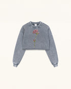Rhinestone Rose Frayed Hem Cropped Pullover - Vintage Slate