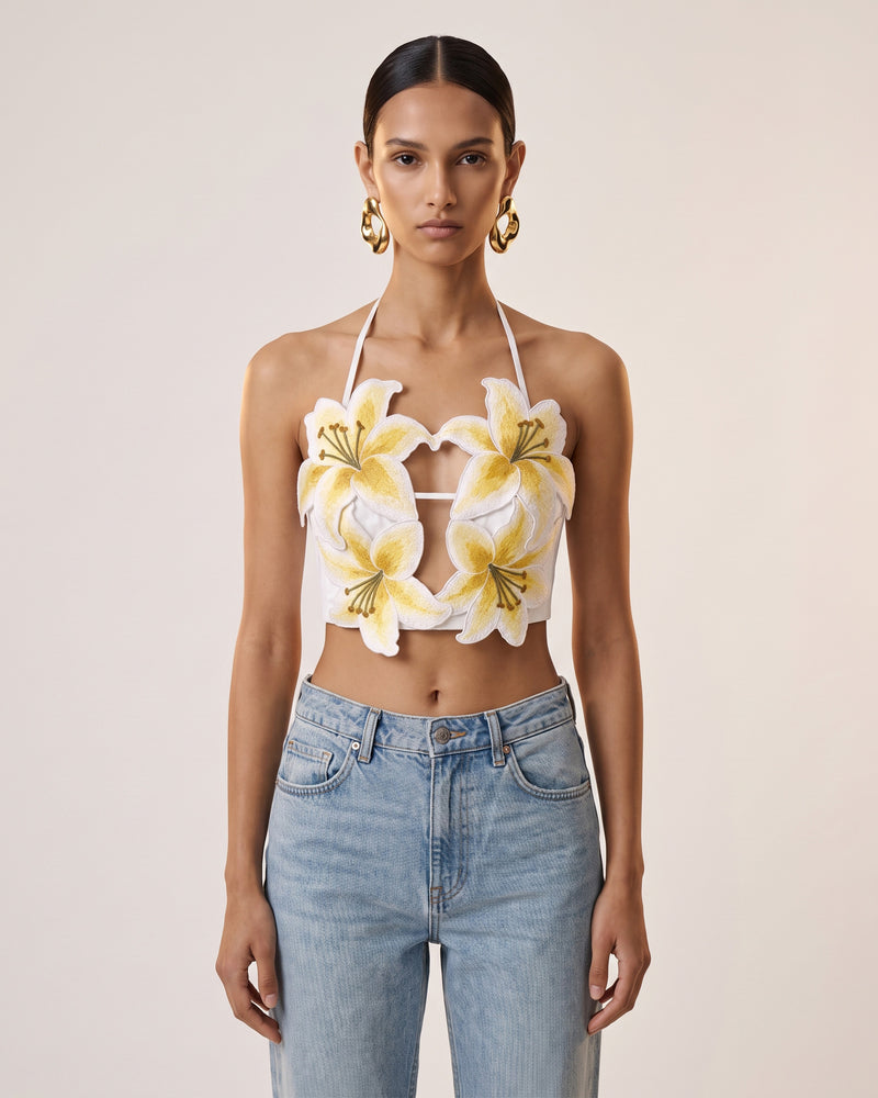Lily Embroidered Halter Crop Top - White & Yellow