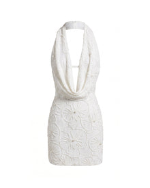 Orchid Beaded Embroidered Deep V Halter Mini Dress - White