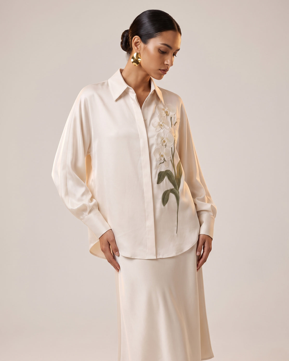 Satin Long-Sleeve Shirt with Orchid Embroidery - Ivory White