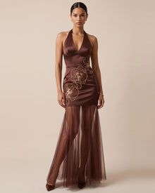Orchid Embroidered Sheer Hem Halter Maxi Dress - Brown