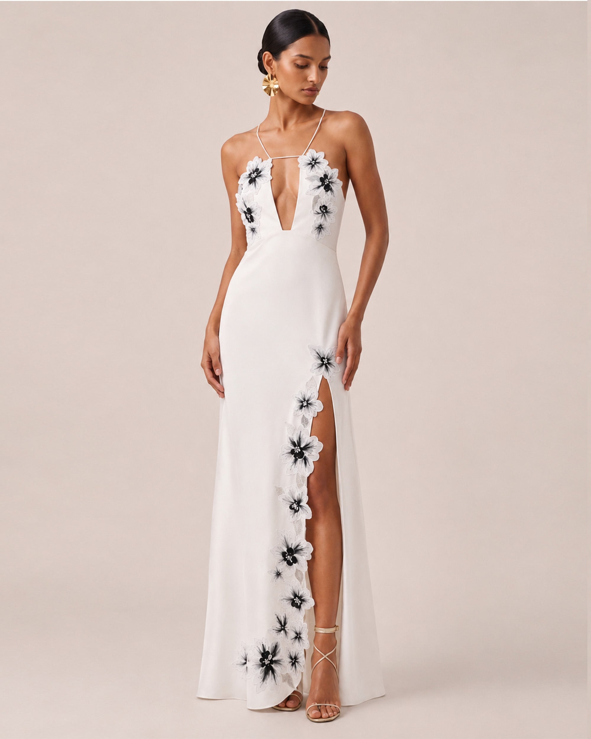 Flower Embroidered Cutout Halter Maxi Dress - White