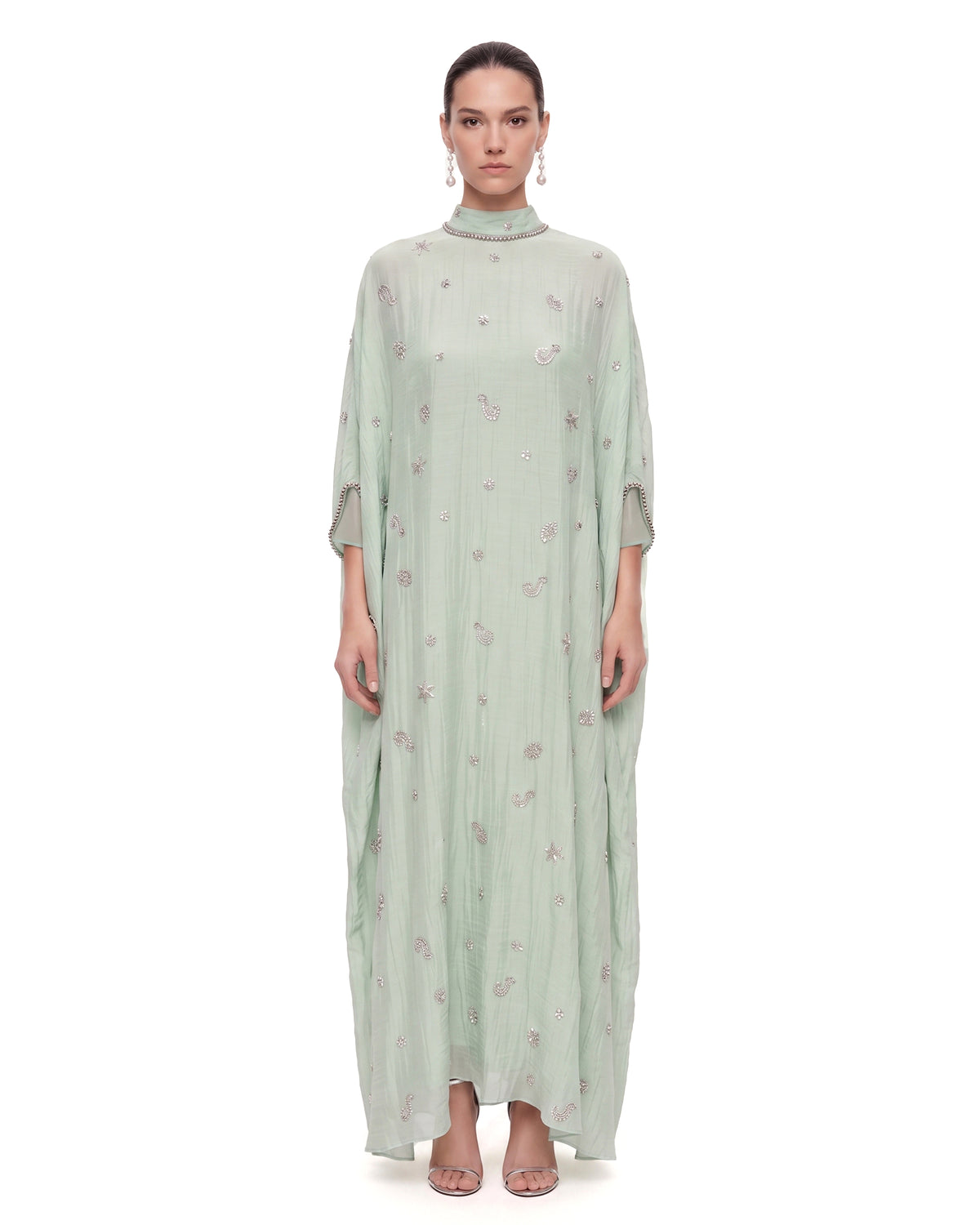 Embellished Mock-Neck Kaftan Maxi Dress - Mint Green