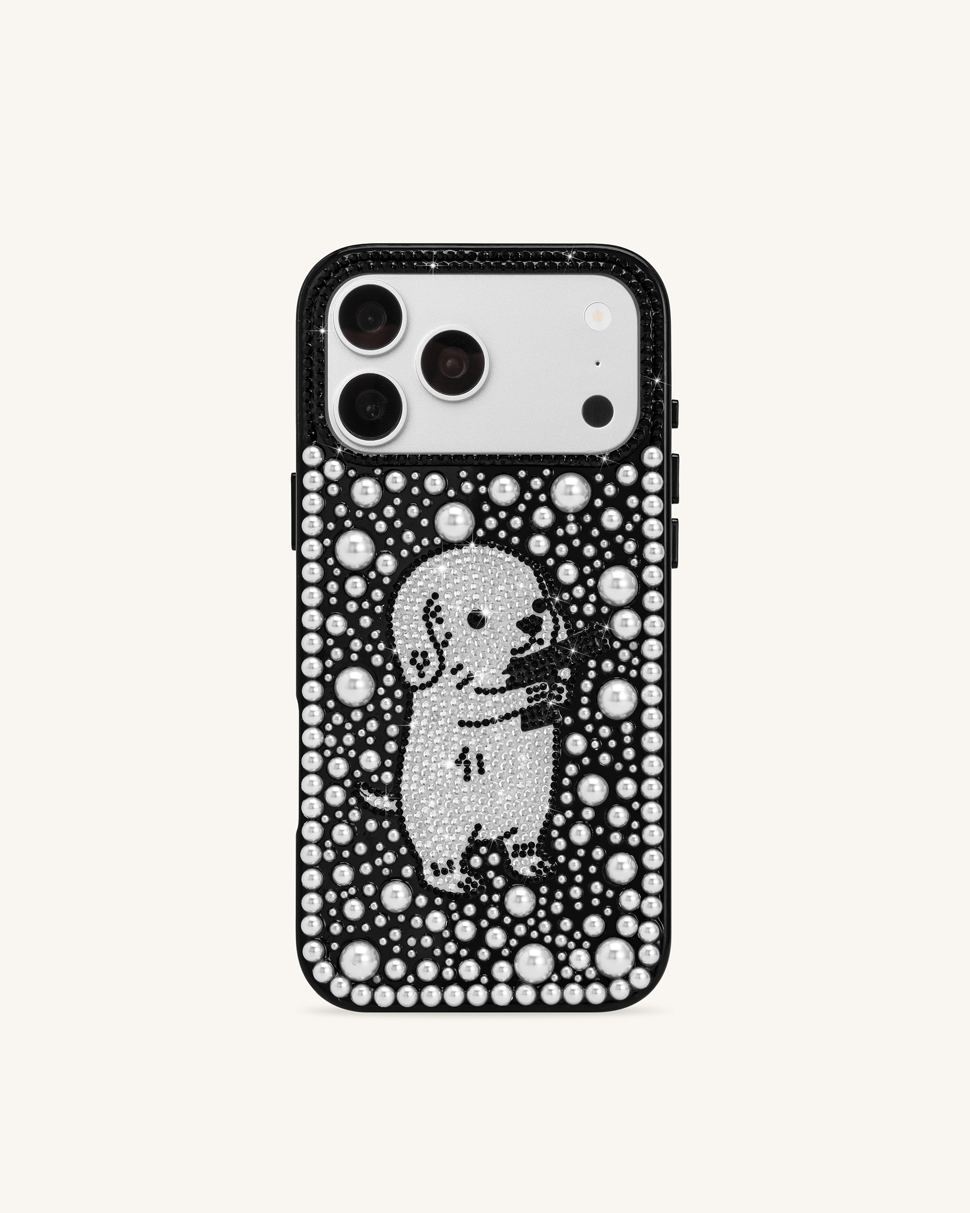 Pearl Artificial Crystal Puppy Phone Case - Black