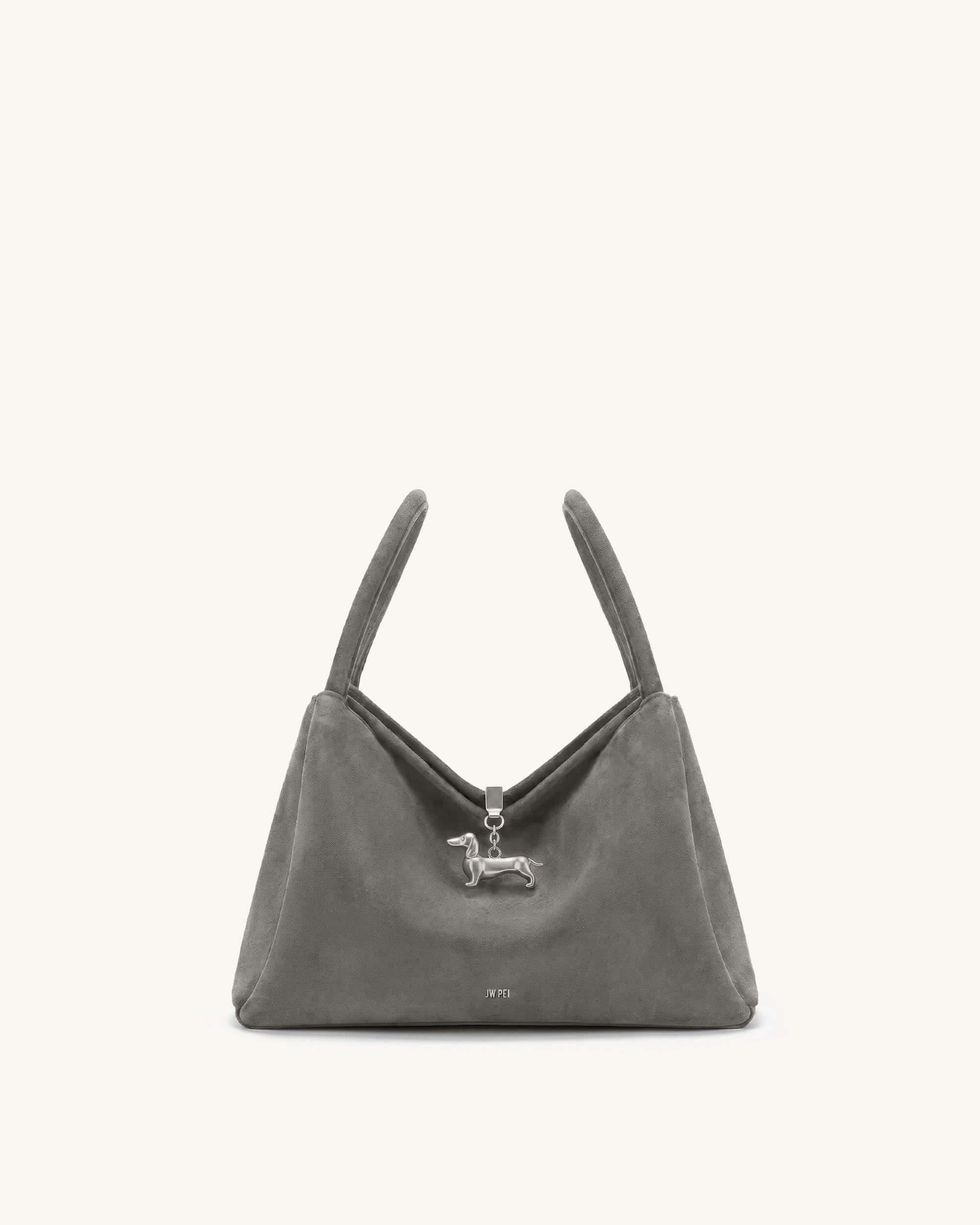 Maelle Faux Suede Dachshund Charm Double Handle Bag - Grey