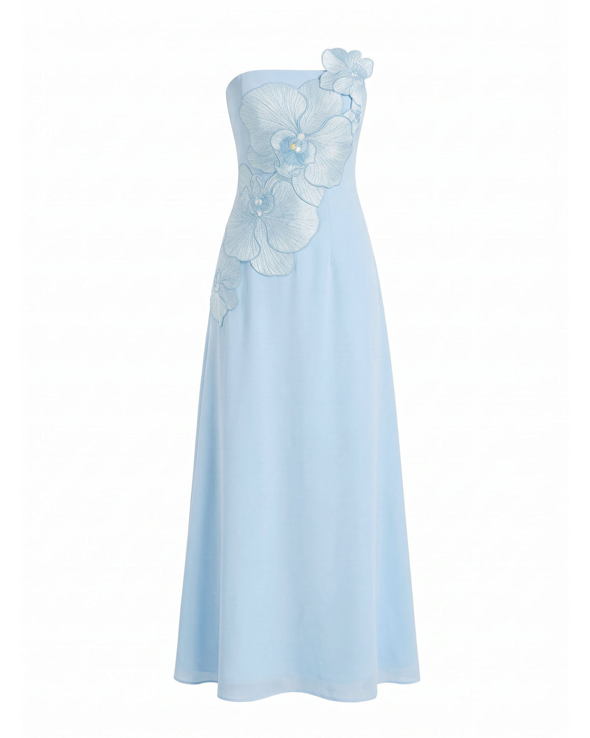 Orchid Embroidered Strapless A-Line Maxi Dress - Light Blue