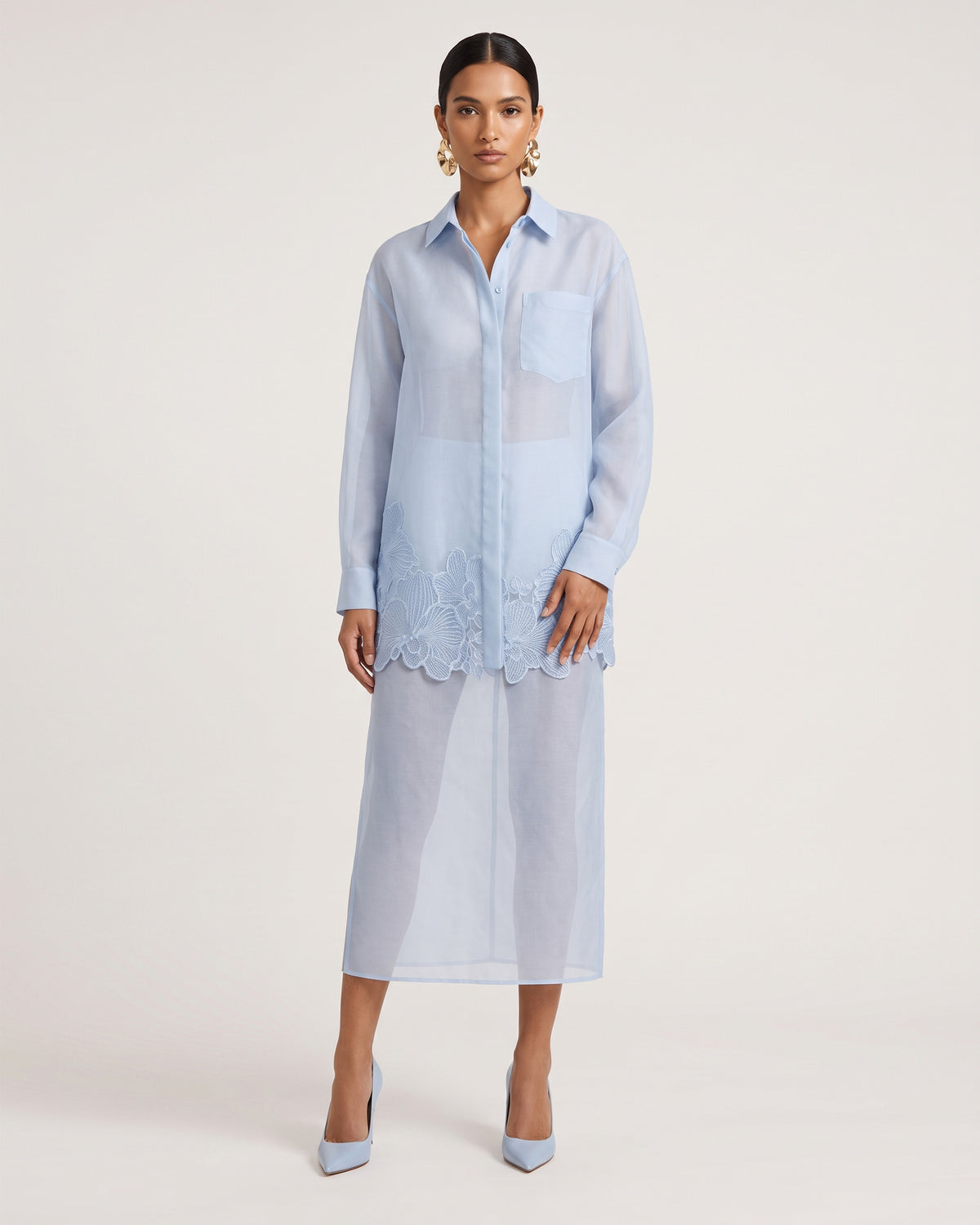 Orchid-Embroidered Button-Collar Shirt - Light Blue