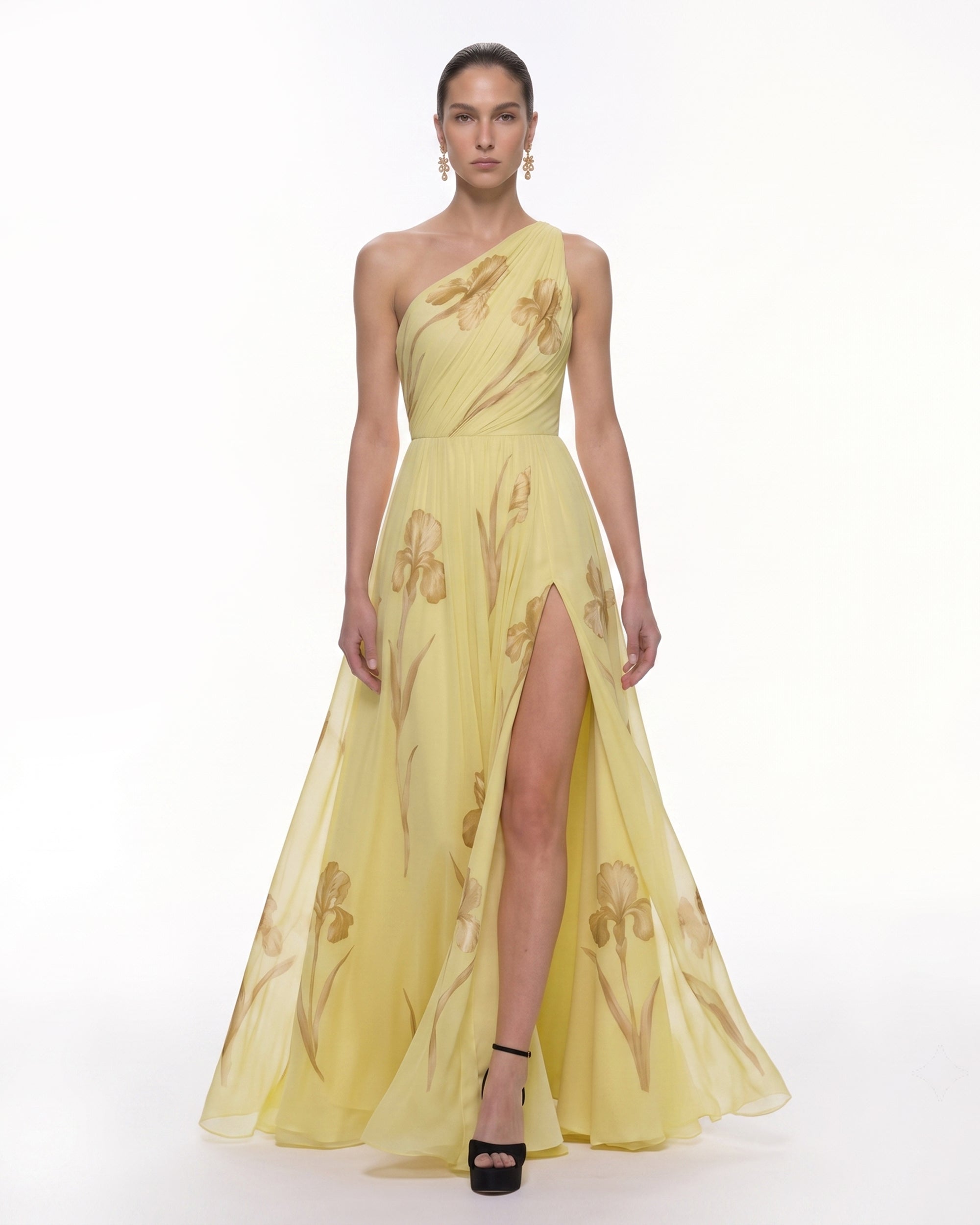 Floral One Shoulder Maxi Dress - Pale Yellow