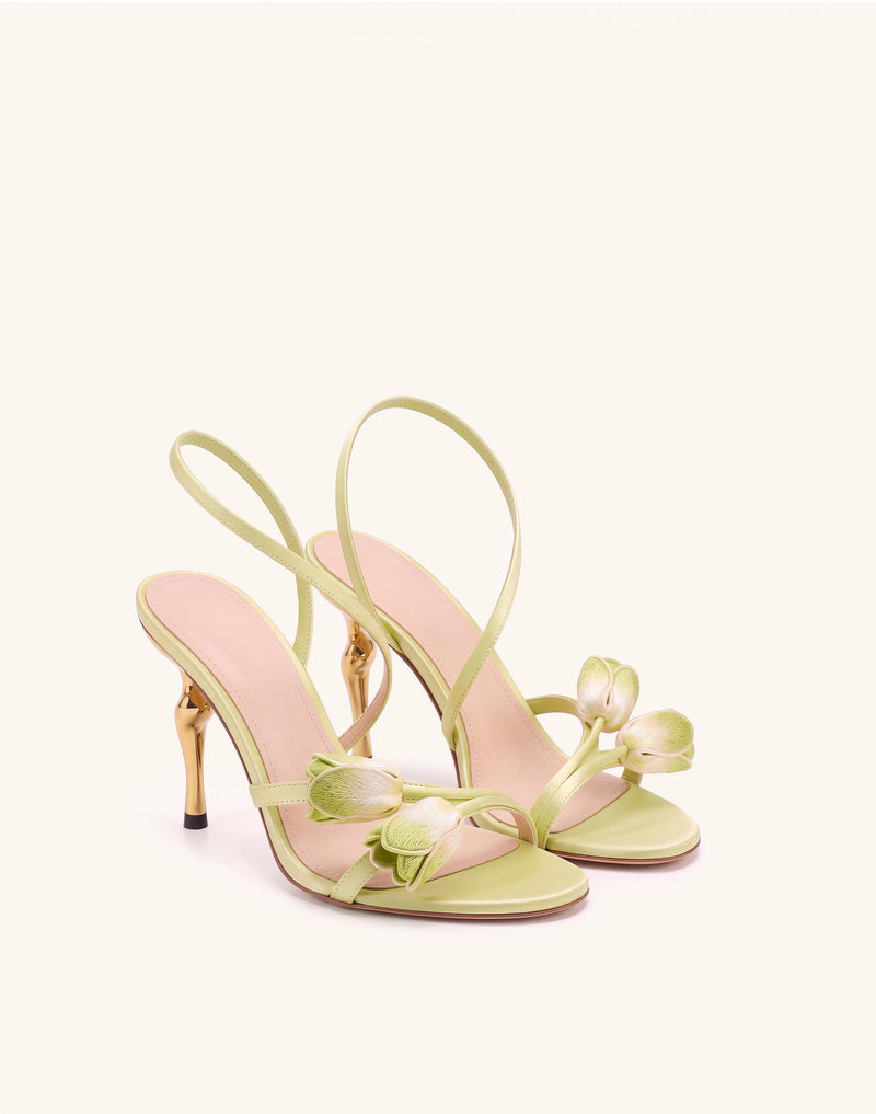 Amara Tulip Embroidered Wraparound Heels - Pistachio Green