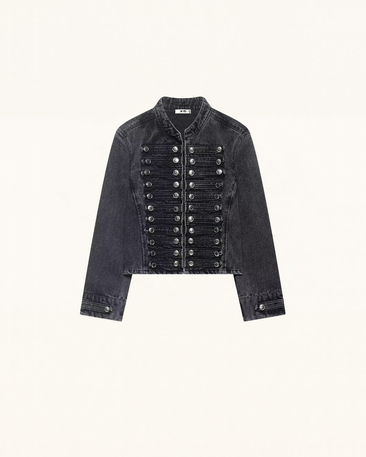 Hussar Braided Stand Collar Denim Jacket - Washed Charcoal