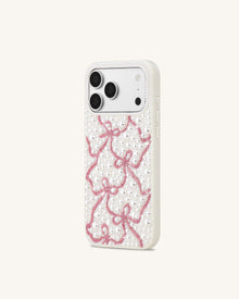 Pearl Artificial Crystal Ribbon Bow Phone Case - White