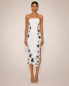 Flower Embroidered Strapless Midi Dress - White